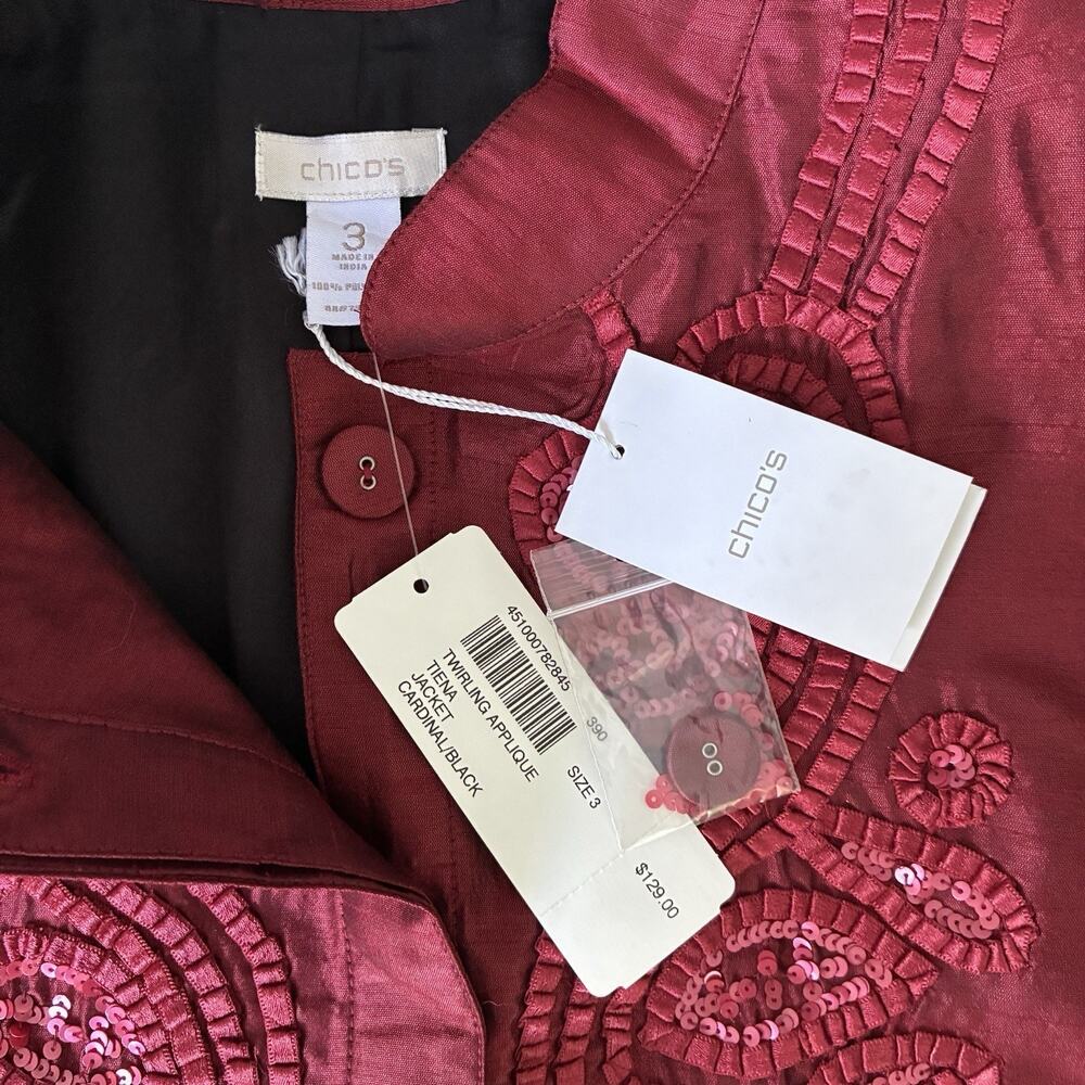 Chico's Jacket NWT Size 3 (XL) Twirling Applique Beaded Tiena Blouse Cardinal - Picture 4 of 6